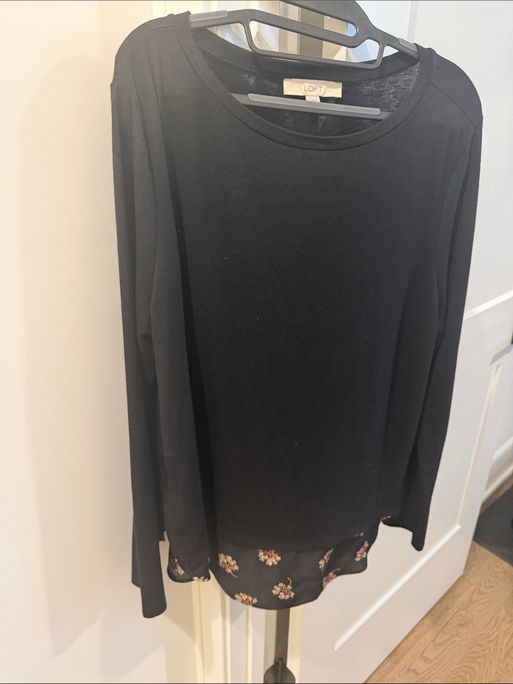 LOFT Black Long Sleeve Top with Floral Hem
